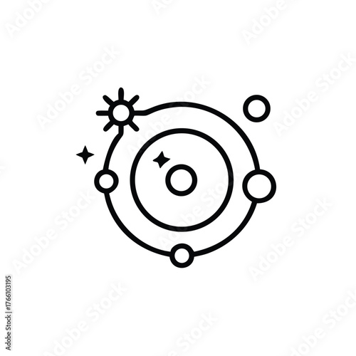 Stylized Line Art Icon of a Sun and Planets in Orbit Around a Central Star astronomy