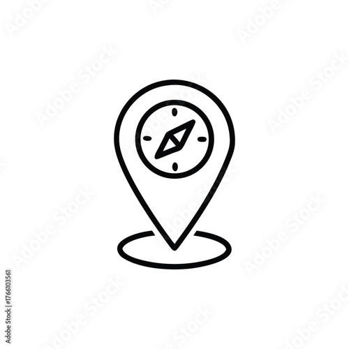 Black outline icon of a location pin containing a compass symbol navigation