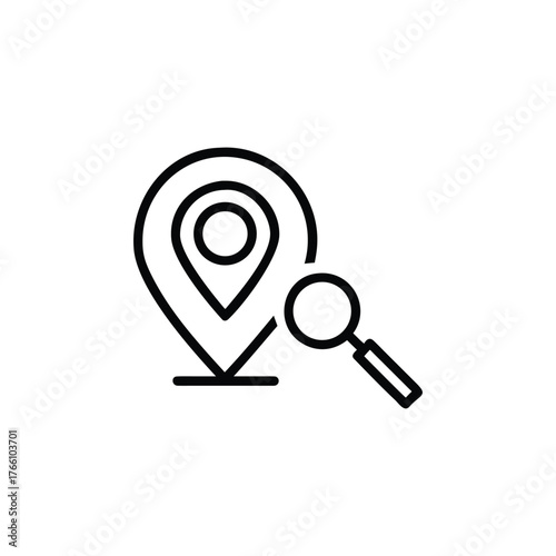 Black outline icon of a location pin with a magnifying glass nearby search
