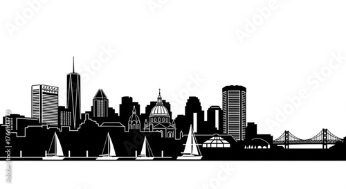 Silhouette of a cityscape with sailboats on the water and a bridge in the background, black and white