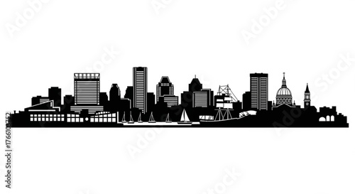 Silhouette of a city skyline with buildings sailboats and a ship against a white background in monochrome style