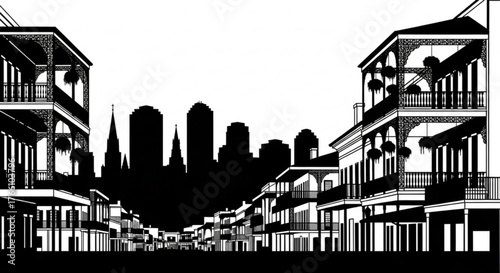 Silhouette of buildings with balconies and hanging plants against a skyline in black and white style