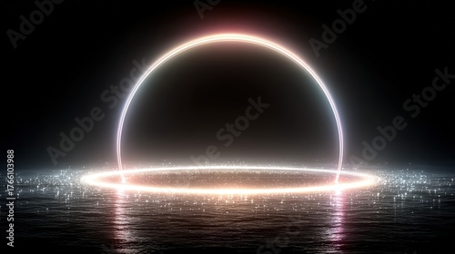 Luminous Portal: Abstract Glowing Ring Above Reflective Water Surface