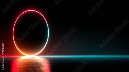 Vibrant Neon Ring with Gradient Hues Reflected on a Calm Dark Surface