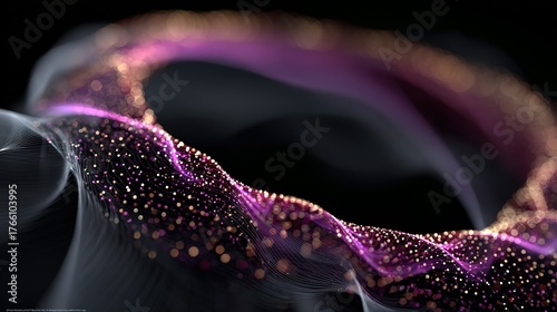 Ethereal Purple and Gold Particle Wave Flowing Through Dark Abstract Space