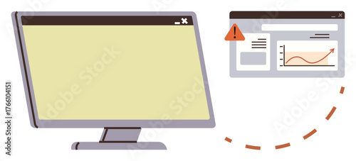 Desktop monitor next to a browser window with a warning sign, showcasing a rising graph. Ideal for technology, business growth, analytics, web design, error management, problem-solving, data