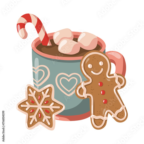 Cartoon mug of hot chocolate with marshmallows and gingerbread cookies. Hand drawn vector isolated illustration. 