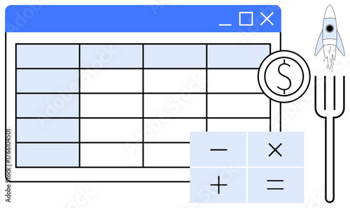 Spreadsheet interface with calculator buttons, dollar sign, fork, and rocket symbolizing finance, analytics, budgeting, productivity, growth innovation and planning. Minimal design for simple flat