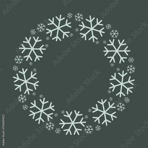Round winter wreath with snowflakes on dark green background. Vector isolated illustration on white background. 