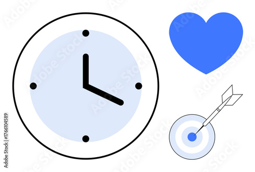Clock, blue heart, and target with arrow represent time management, passion, and hitting goals. Ideal for productivity, focus, planning, strategy motivation goal setting and success as simple flat