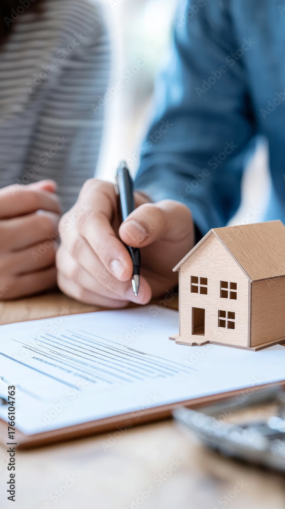 Fototapeta premium Couple examining home purchase agreement with model house symbolizing real estate decision