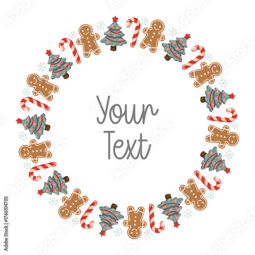 Round Christmas wreath with gingerbread men, candy canes, and Christmas trees. Vector isolated illustration on white background. 
