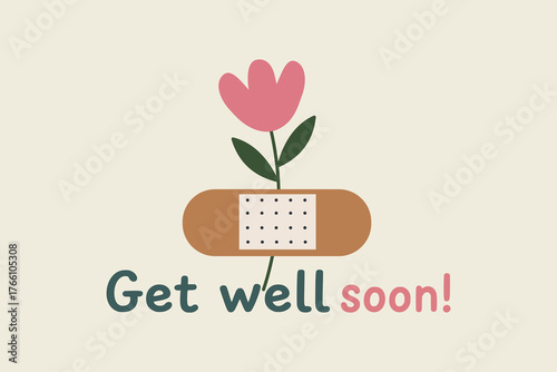 Get Well Soon Card With Bandage And Pink Flower Illustration For Recovery