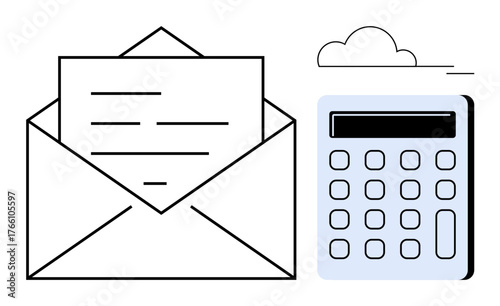 Open envelope with letter alongside a calculator conceptually combines communication, budgeting, and record-keeping. Ideal for messaging, finance, calculation, organization, accounting, mail