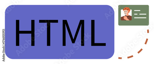 HTML text in bold purple rectangle paired with profile card illustration featuring user image and info. Ideal for web design, coding, digital identity, UIUX, learning, IT, minimalism. Simple flat