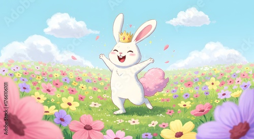 Joyful white rabbit in a golden crown leaps through a vibrant spring meadow of colorful wildflowers under a blue sky, celebrating nature's beauty and carefree spirit