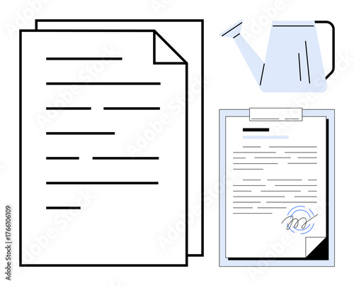 Papers, a signed contract on clipboard, and a watering can symbolizing nurturing and success. Ideal for business, agreement, growth, productivity, organization, workflow simple flat metaphor