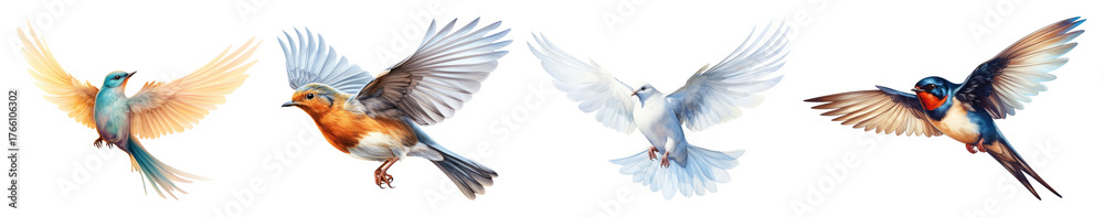 Fototapeta premium PNG Colorful birds in flight, element set on transparent background