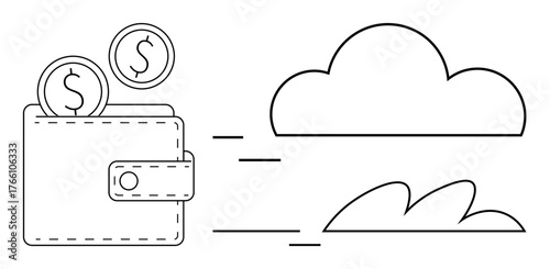 Wallet with coins transitioning toward a cloud, symbolizing online payment, digital savings, remote transactions. Ideal for finance, banking, cloud services, technology, e-commerce data security