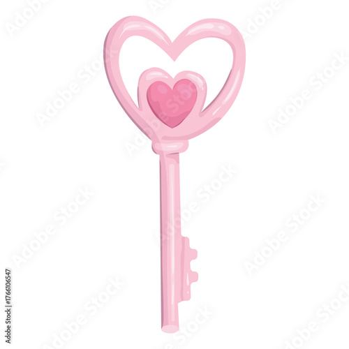 A pink heart-shaped key for a Valentine's Day collage. A festive vector element in coquette aesthetic for weddings, bachelorette parties, personal diary, and scrapbooks.