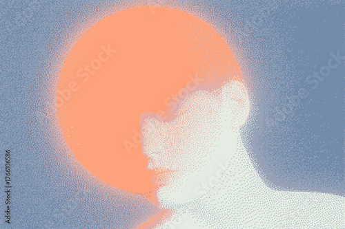 Abstract portrait with soft colors and glowing orb, showcasing minimalist art style.