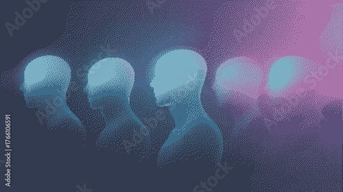 Abstract representation of human figures morphing through vibrant, glitchy hues.