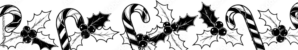 Fototapeta premium Black and white Christmas border with candy canes and holly 