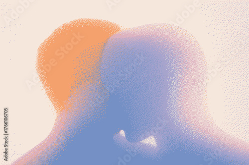 Soft silhouettes of two figures merging in pastel hues, evoking a dreamy, surreal atmosphere.