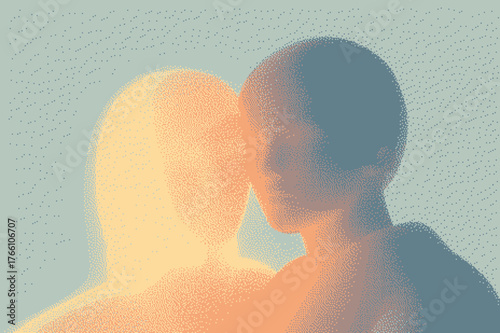 Soft, abstract portrait of two figures blending with pastel tones and a surreal quality