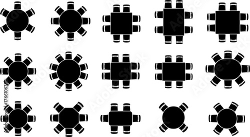 Top-down view of various table and chair arrangements
