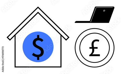 House with dollar sign, laptop, and pound coin symbolize real estate, online transactions, currency exchange, investment, financial technology, global economy and digital commerce. A simple flat