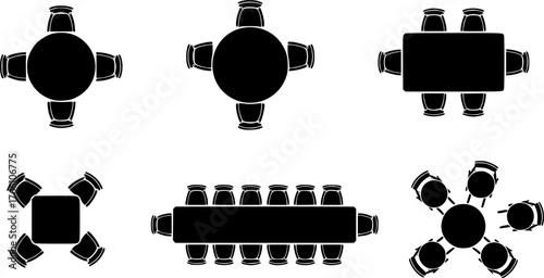 Top-down view of various table and chair arrangements
