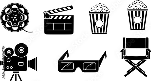 Movie Cinema Icons Film Reel Clapperboard Popcorn 3 D Glasses Camera Director Chair
