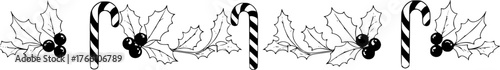Black and white Christmas border with candy canes and holly
