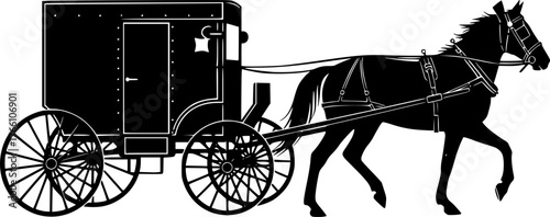 Amish horse and buggy silhouette. This traditional carriage design depicts a horse-drawn buggy, showcasing rural simplicity and vintage aesthetics. Vector clipart black illustration design.