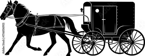 Amish horse and buggy silhouette. This traditional carriage design depicts a horse-drawn buggy, showcasing rural simplicity and vintage aesthetics. Vector clipart black illustration design.