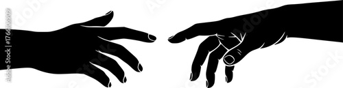 Reaching hand silhouette. This image showcases bold black silhouettes of two hands reaching towards each other, symbolizing interaction and support. Vector clipart illustration design