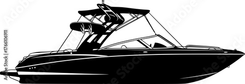 Ski boat silhouette. This image shows a sleek, modern ski boat with a wakeboard tower and canopy, depicted in black and white silhouette style. Vector clipart illustration design.