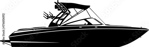 Ski boat silhouette. This image shows a sleek, modern ski boat with a wakeboard tower and canopy, depicted in black and white silhouette style. Vector clipart illustration design.