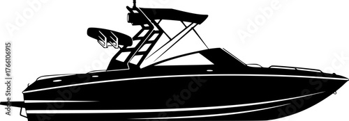 Ski boat silhouette. This image shows a sleek, modern ski boat with a wakeboard tower and canopy, depicted in black and white silhouette style. Vector clipart illustration design.