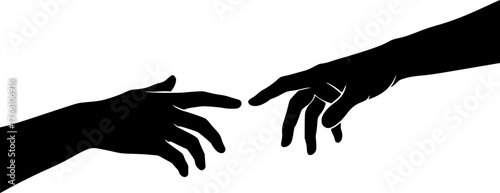 Reaching hand silhouette. This image showcases bold black silhouettes of two hands reaching towards each other, symbolizing interaction and support. Vector clipart illustration design