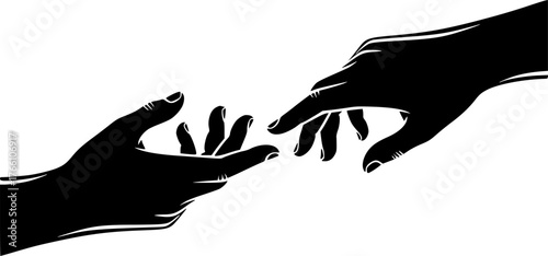 Reaching hand silhouette. This image showcases bold black silhouettes of two hands reaching towards each other, symbolizing interaction and support. Vector clipart illustration design