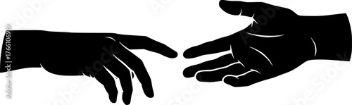 Reaching hand silhouette. This image showcases bold black silhouettes of two hands reaching towards each other, symbolizing interaction and support. Vector clipart illustration design