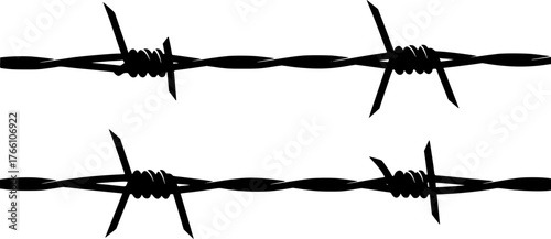 Barbed wire silhouette. This image shows a black and white design of intertwined barbed wire, symbolizing security, restriction, and protective boundaries. Vector clipart illustration design