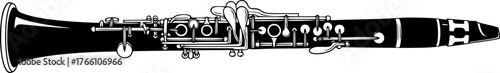 Clarinet silhouette. This image shows a black clarinet outline, a woodwind musical instrument. Vector clipart illustration design.
