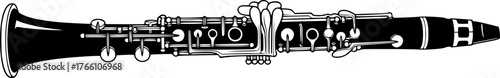 Clarinet silhouette. This image shows a black clarinet outline, a woodwind musical instrument. Vector clipart illustration design.

