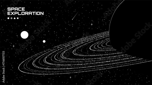 Minimalist space exploration illustration with ringed gas giant planet and distant stars. Cosmic background for science and astronomy visual.