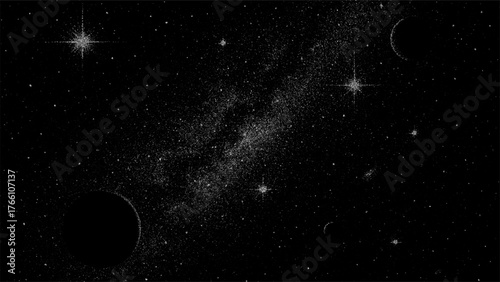 Cosmic deep space landscape with black planets and glittering stars depicting universe exploration. Dot grain stipple noise vector illustration as a textured background.