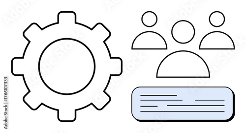 Gear with three abstract human figures and text box, symbolizing teamwork, coordination, process optimization. Ideal for workflow, management, HR, communication, planning leadership simplicity