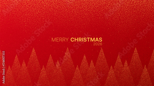 Merry Christmas 2026 text with glitter snow falling over abstract pine tree forest design on red background for holiday greeting card.